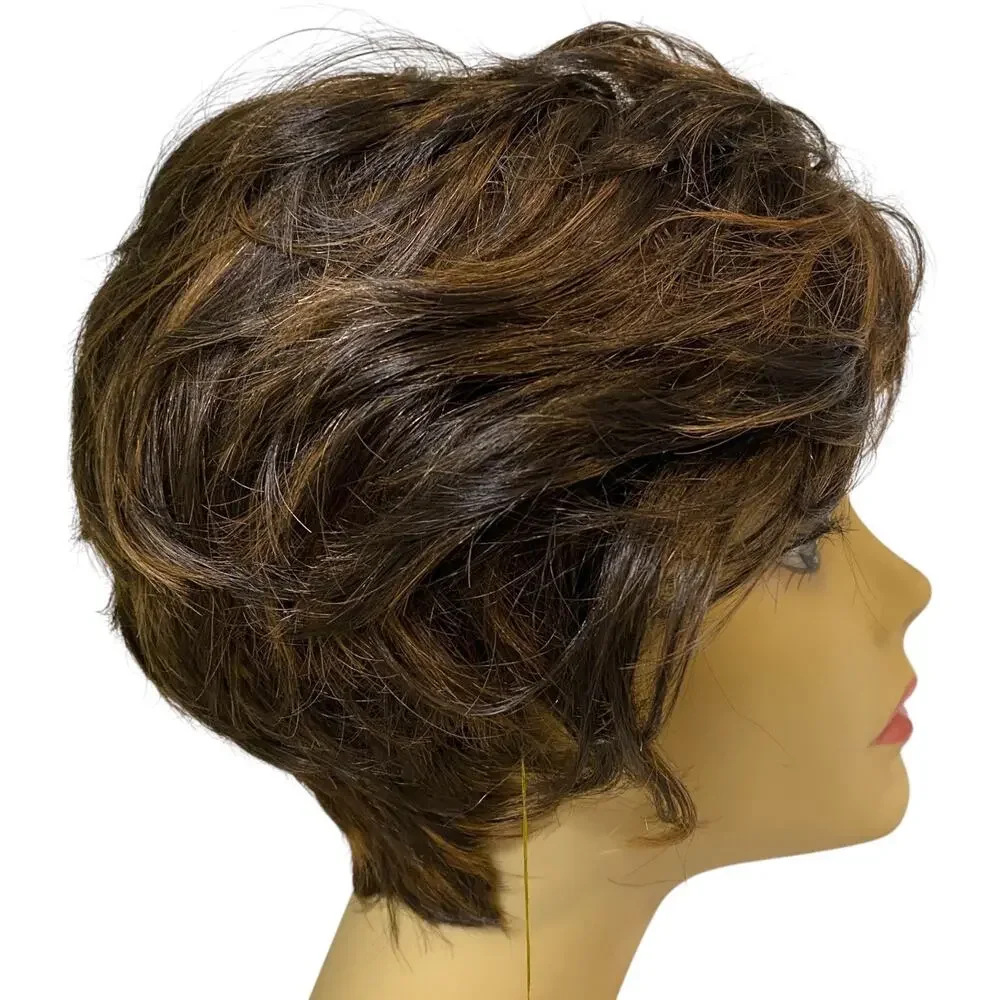 Human Hair Blend Wig Dk Brown Copper Frost Short Layered Pixie for Women A835W4 - Picture 5 of 9